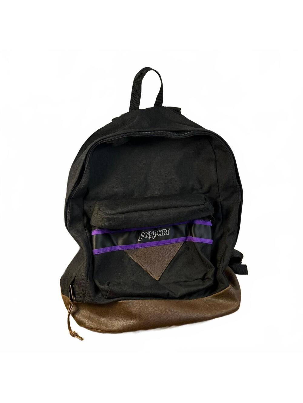 Vintage 90s JanSport Backpack Black Purple Stripe Brown Leather Bottom USA